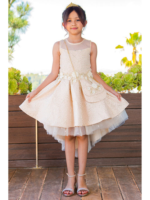 Girls Lala & Erina Champagne Jacquard High-Low Shoulder Bag 2Pc Dress Outfit 2-12 SophiasStyle.com model