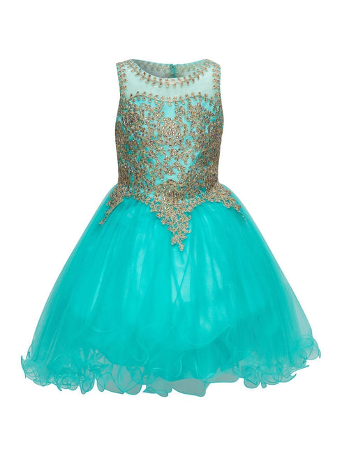 Girls Aqua Gold Trim Wire Tulle Flower Girl Junior Bridesmaid Dress 4-20