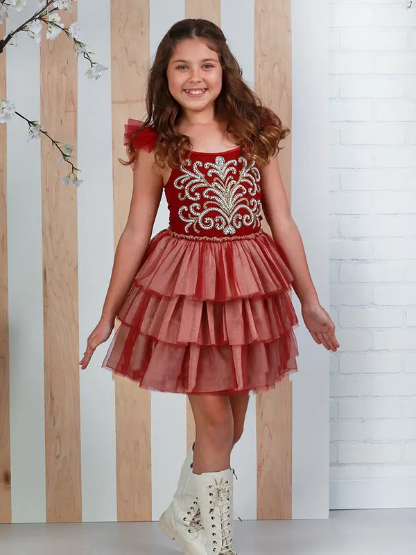 Girls Berry Embellished Tiered Tulle Clara Dress 12M-14