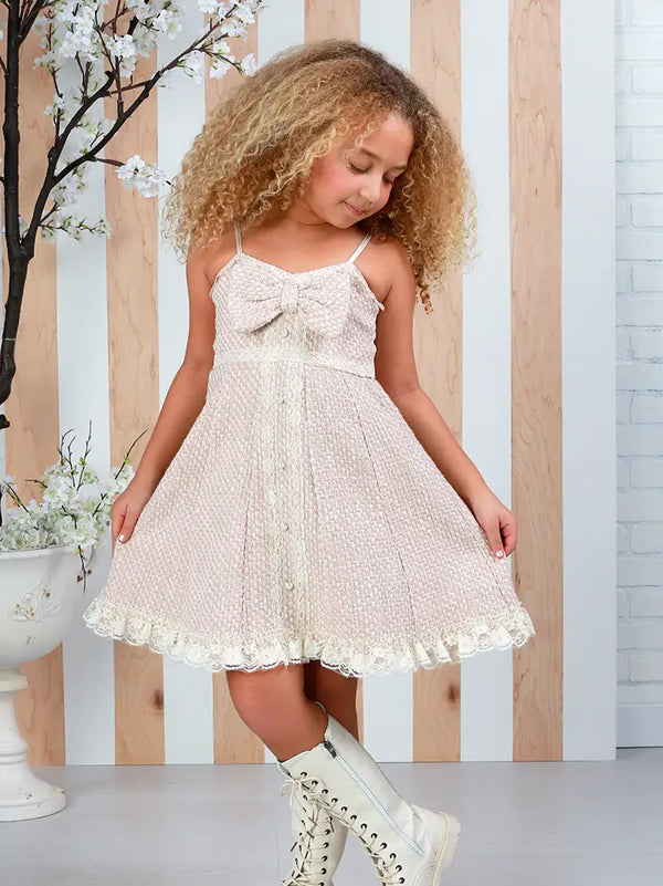Coco Remi Girls Pink Tweed Bow Party Dress 12M-14