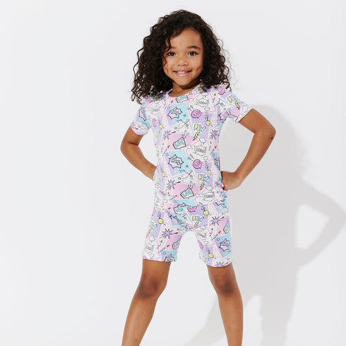 comic-purple-bamboo-kids-pajama-short-set-bellabu-bear - Sophia's Style The "Easy Two-Piecey"-1