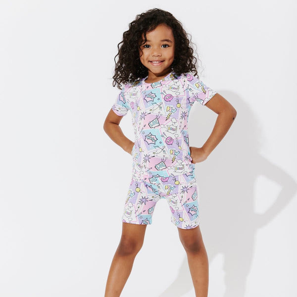 comic-purple-bamboo-kids-pajama-short-set-bellabu-bear - Sophia's Style The "Easy Two-Piecey"-1
