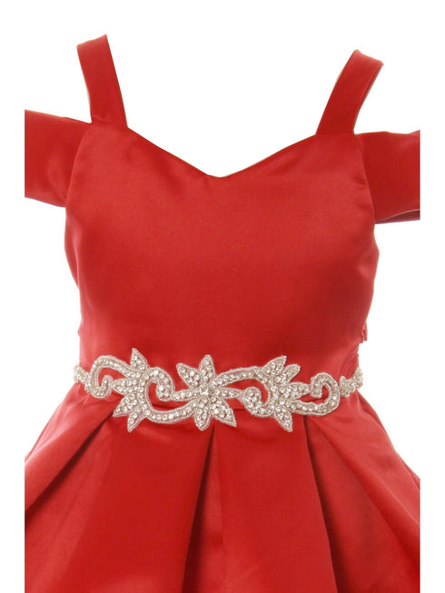 Satin Flower Girl Dress with Cold Shoulder and Pleated Skirt, Sizes 2-14