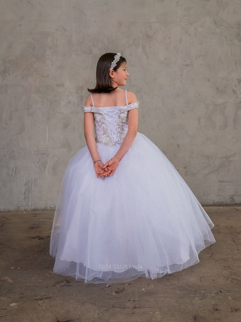 Girls Embroidered Heart Bodice Off Shoulder Communion Dress 3-16