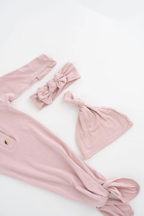 knotted-baby-gown-hat-headband-set-newborn-baby-girl-outfit-dusty-rose-Sophia's Style-7