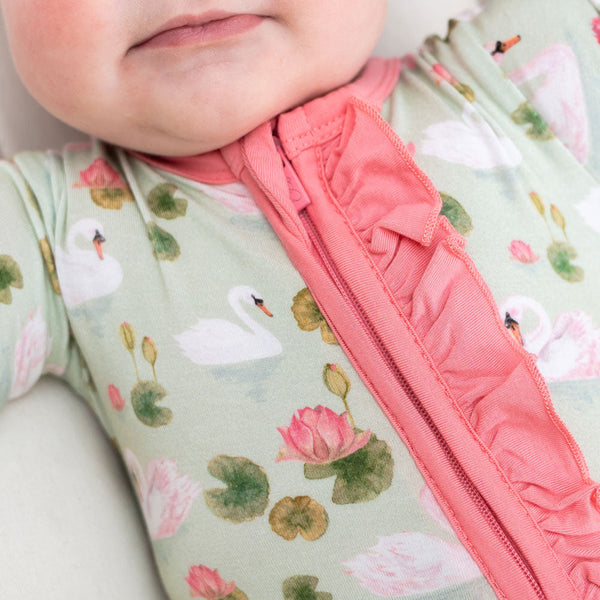 lillians-garden-swans-bamboo-ruffle-convertible-footie Laree & Co - Sophia's StyleFootie-1