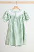 Green bow tie hand smocked gingham dress