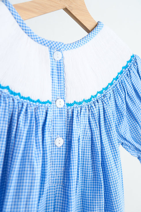 Blue snow princess hand smocked gingham dress