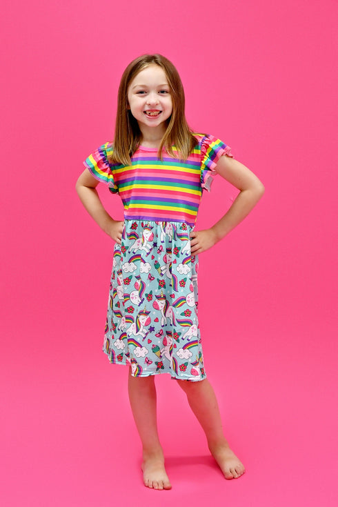 rainbow-stripe-unicorn-long-flutter-milk-silk-dress Great Lakes kids - Sophia's Style-1