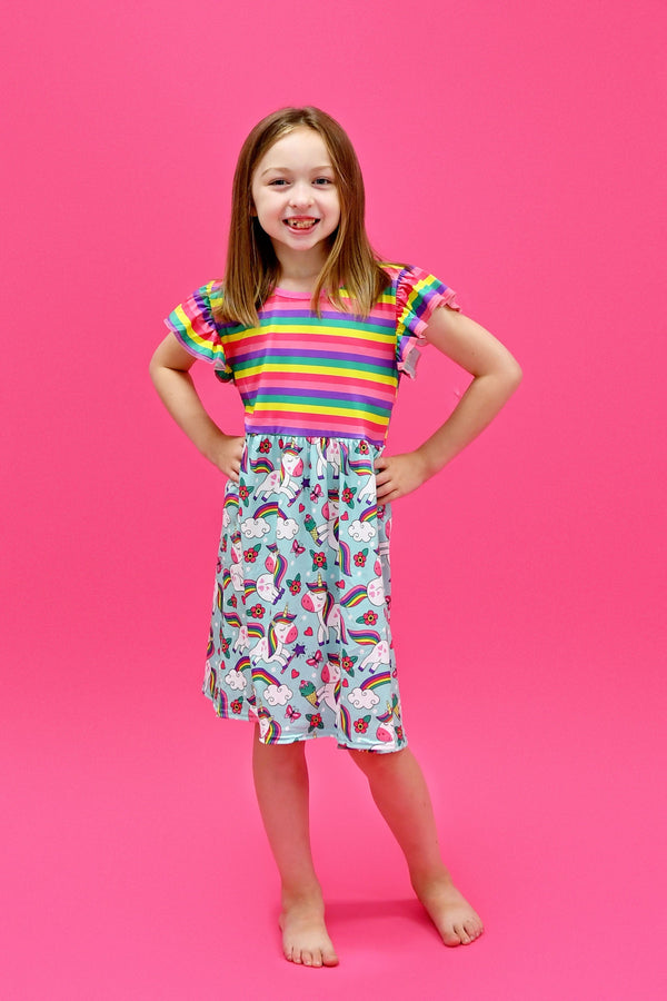 rainbow-stripe-unicorn-long-flutter-milk-silk-dress Great Lakes kids - Sophia's Style-1