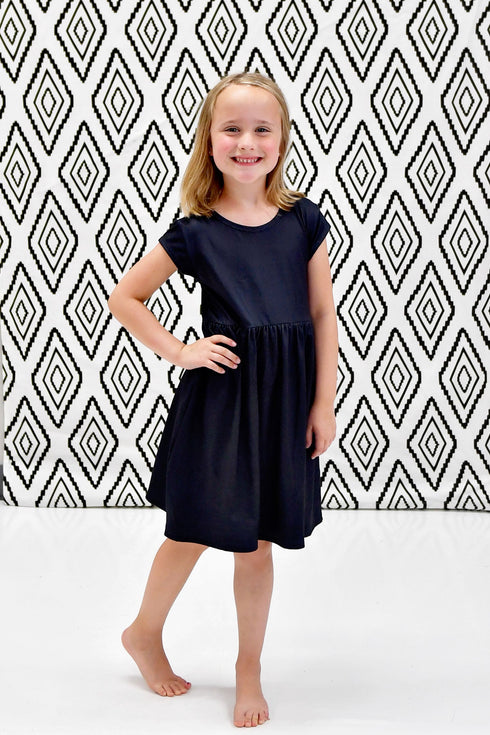 dark-navy-solid-short-sleeve-cross-back-milk-silk-dress Great Lakes kids - Sophia's Style-3