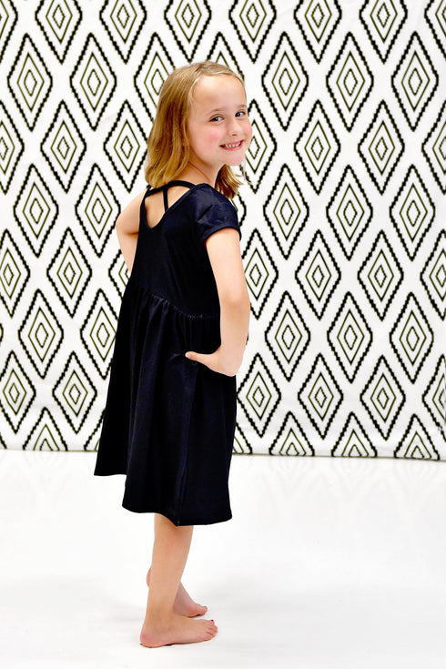 dark-navy-solid-short-sleeve-cross-back-milk-silk-dress Great Lakes kids - Sophia's Style-1