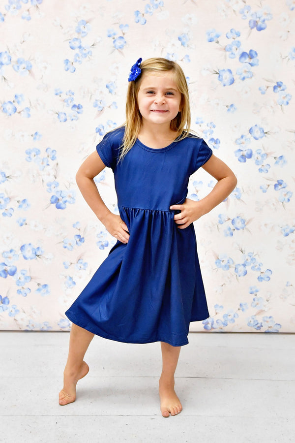 royal-blue-solid-short-sleeve-cross-back-milk-silk-dress Great Lakes kids - Sophia's Style-1