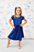 royal-blue-solid-short-sleeve-cross-back-milk-silk-dress Great Lakes kids - Sophia's Style-1