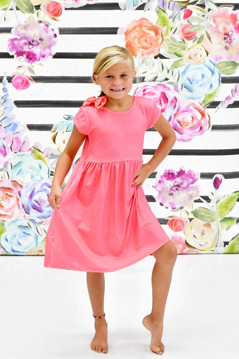 pink-solid-short-sleeve-cross-back-milk-silk-dress Great Lakes kids - Sophia's Style-1