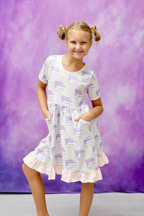 book-lover-short-sleeve-pocket-milk-silk-dress Great Lakes kids - Sophia's Style-1