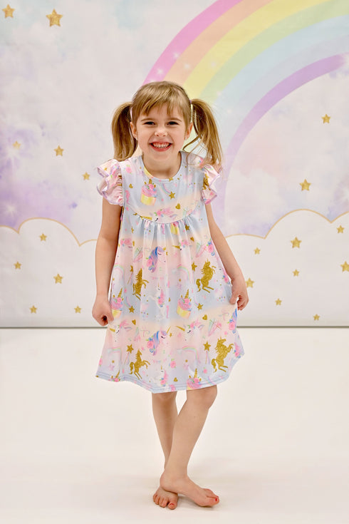 golden-rainbow-unicorn-milk-silk-flutter-dress Great Lakes kids - Sophia's StyleFlutter Dress-1