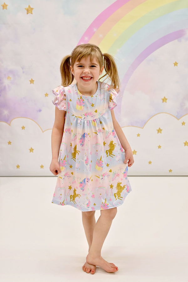 golden-rainbow-unicorn-milk-silk-flutter-dress Great Lakes kids - Sophia's StyleFlutter Dress-1