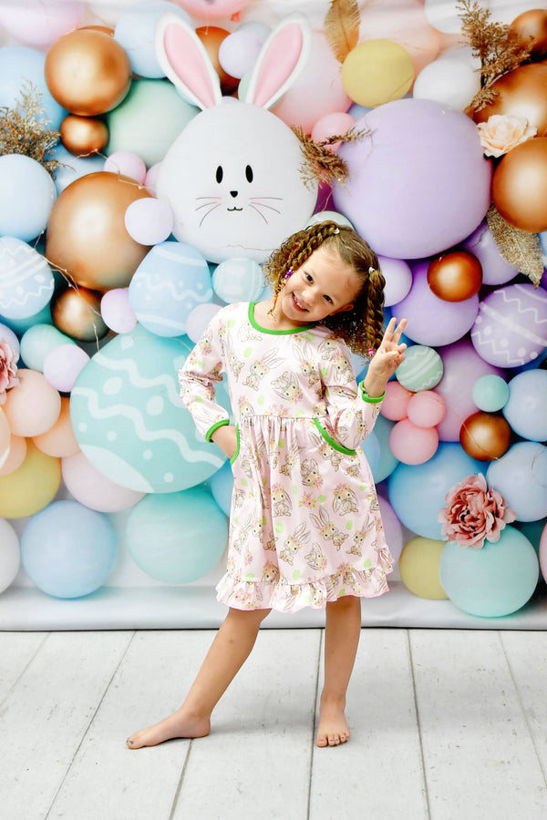 bunny-flower-crown-long-sleeve-pocket-milk-silk-dress Great Lakes kids - Sophia's Style-1