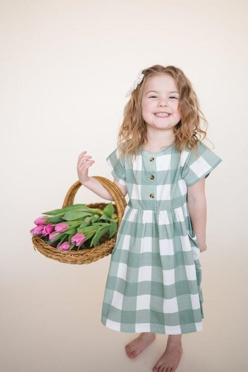 Button Twirl Dress - Turquoise Check