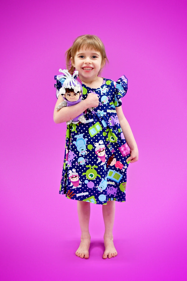monster-friends-milk-silk-flutter-dress Great Lakes kids - Sophia's StyleFlutter Dress-1