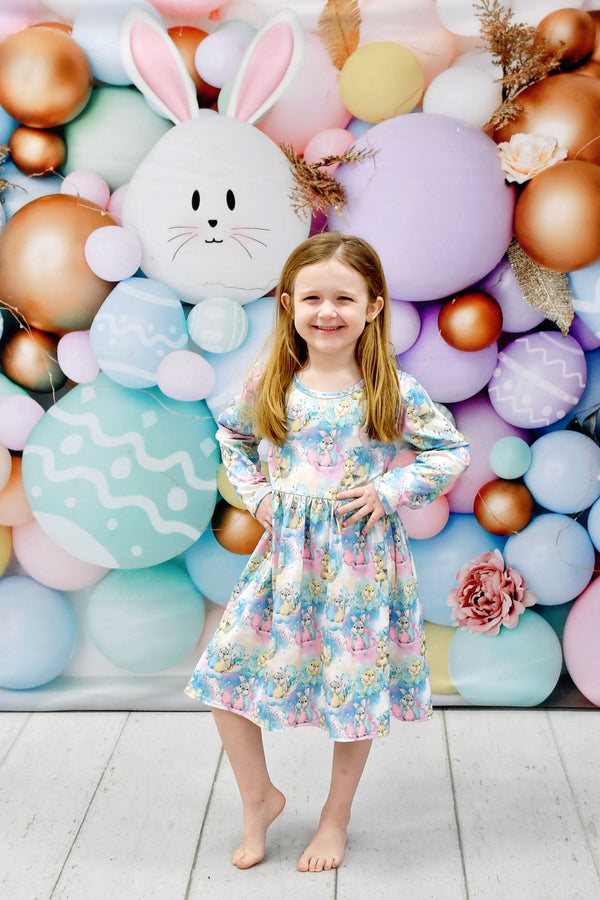pastel-bunnies-long-sleeve-milk-silk-dress Great Lakes kids - Sophia's Style-1