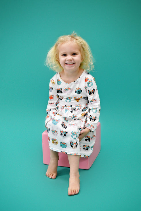 flower-crown-critters-long-sleeve-milk-silk-dress Great Lakes kids - Sophia's Style-1