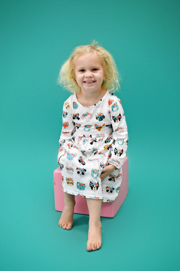 flower-crown-critters-long-sleeve-milk-silk-dress Great Lakes kids - Sophia's Style-1