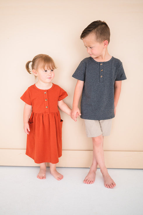 Button Twirl Dress - Brick