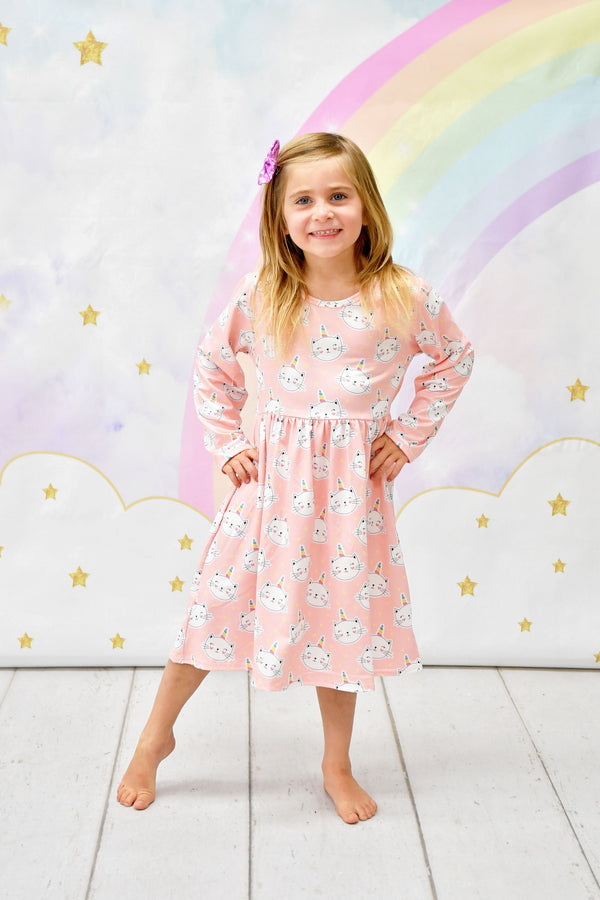 kitty-unicorn-long-sleeve-milk-silk-dress Great Lakes kids - Sophia's Style-1