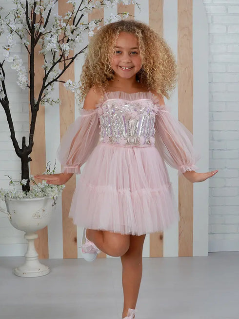 Girls Blush Pink Sequin Embellished Tulle Dyanna Party Dress 12M-14