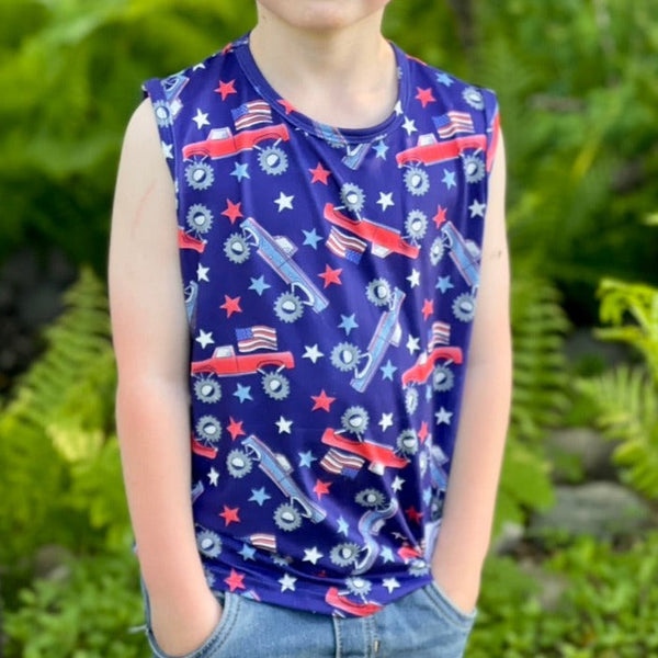 usa-monster-truck-muscle-tank-just-for-littles®️ - Sophia's Style Shirt-1