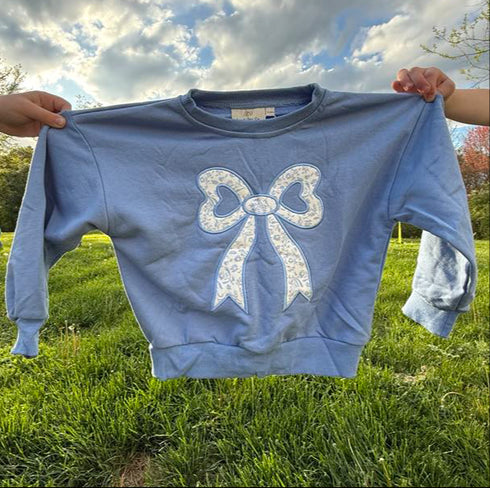 blue-toile-applique-bow-sweatshirt-romper-or-crewneck Little Joy Co - Sophia's Style-3