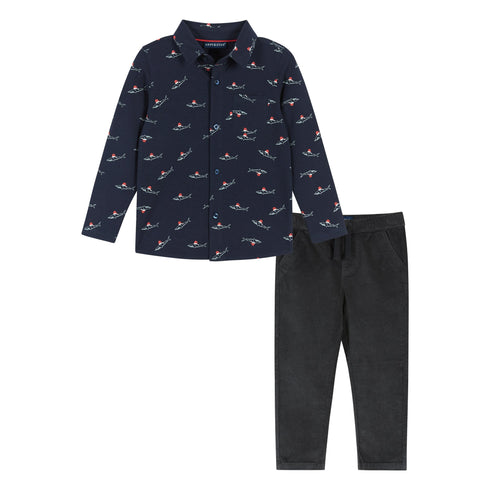 Infant Navy Holiday Sharks Knit Pique Buttondown Set | Navy