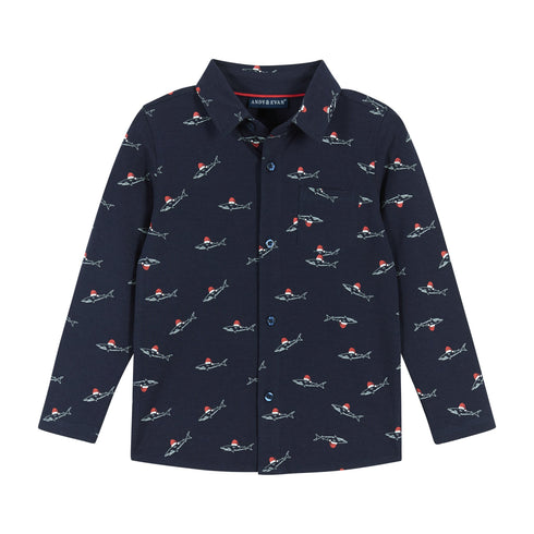 Infant Navy Holiday Sharks Knit Pique Buttondown Set | Navy