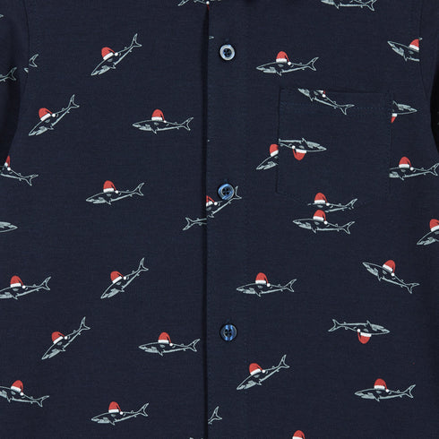 Infant Navy Holiday Sharks Knit Pique Buttondown Set | Navy