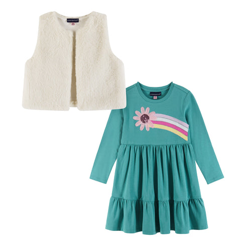 kids-teal-jersey-dress-faux-fur-vest-set-rainbow-graphic Andy & Evan at Sophia's Style-Dress Set-1