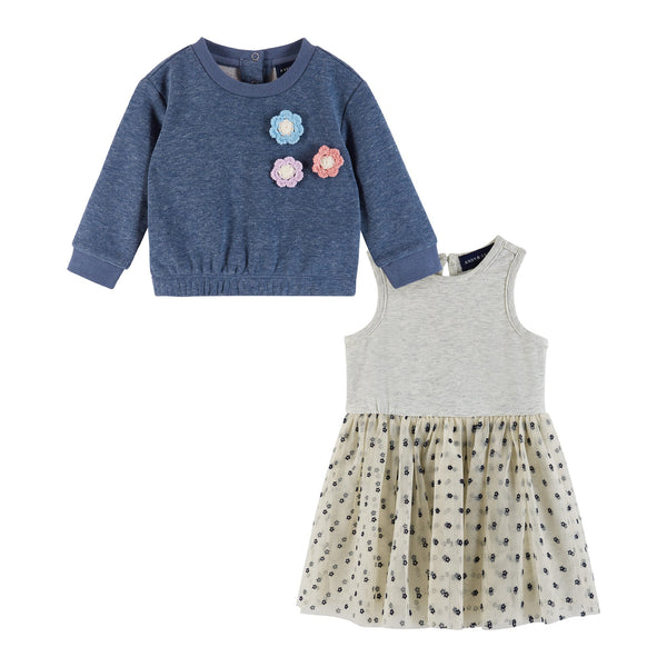 infant-terry-crewneck-dress-set-navy-heather-flowers Andy & Evan at Sophia's Style-Dress-1