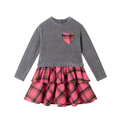 kids-knit-top-plaid-skirt-dress-grey-pink-heart Sophia's StyleDress-1