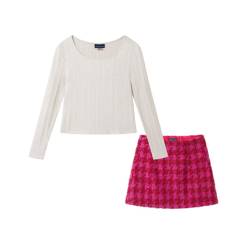 big-kids-ribbed-top-houndstooth-skirt-set-ivory-pink Sophia's StyleDress Set-1