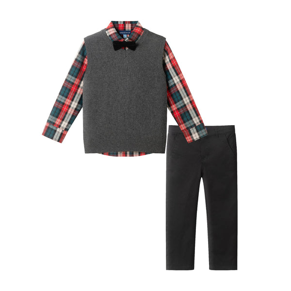 kids-3-piece-sweater-vest-set-with-bowtie-red-plaid Sophia's StyleSweaters Vest Set-1
