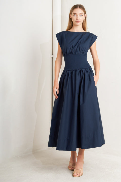 dreamweaver-romantic-navy-woven-midi-dress-flying-tomato-Sophia's Style-3