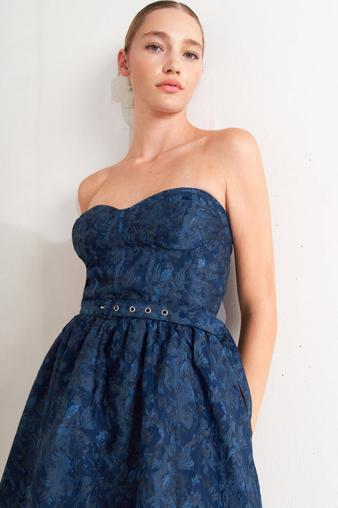 NAVY ROMANCE WOVEN JACQUARD MINI DRESS