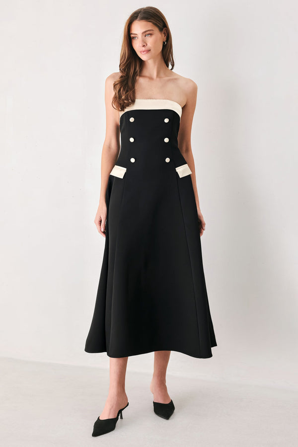 parisian-poise-black-cream-strapless-button-midi-dress-flying-tomato-sophias-styleDRESSES-1
