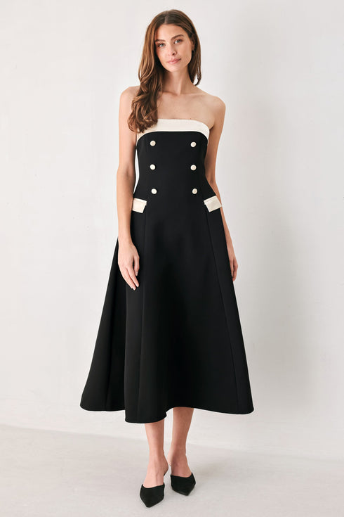 parisian-poise-black-cream-strapless-button-midi-dress-flying-tomato-sophias-style-3