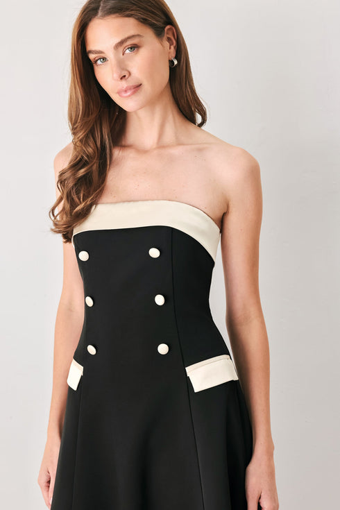 parisian-poise-black-cream-strapless-button-midi-dress-flying-tomato-sophias-style-2
