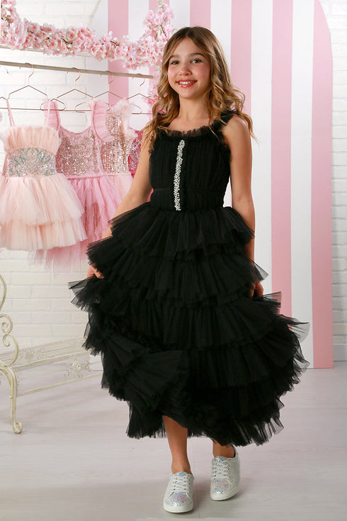 Elegant Black Ruffled Maxi Dress for Girls 12M-14