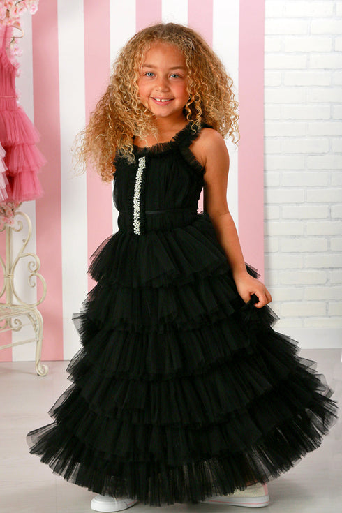 Elegant Black Ruffled Maxi Dress for Girls 12M-14