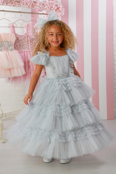 Dreamy Ice Blue Ruffled Maxi Dress for Girls, 12M-14