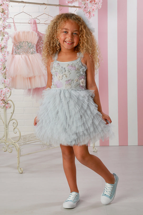 Girls Ice Blue 3D Floral Appliqués Shimmering Beads Oceane Dress for Girls, 12M-14